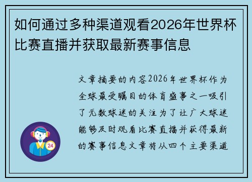 如何通过多种渠道观看2026年世界杯比赛直播并获取最新赛事信息